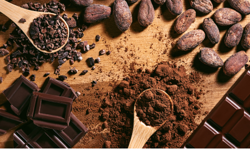 Cocoa beans, cocoa powder and dark chocolate are on a wooden table.