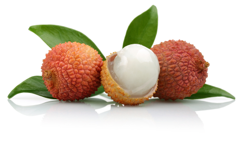 Three lychees are lying together on a white surface.