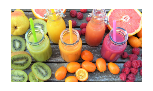 Shakes and smoothies are lying on the table.