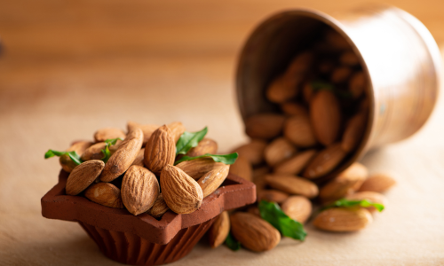 Almonds are kept on a table.